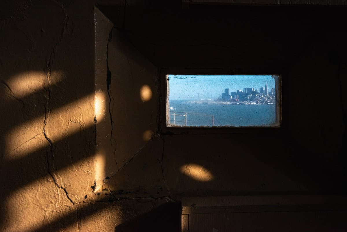 View out of a cell window in Alcatraz prison, San Francisco