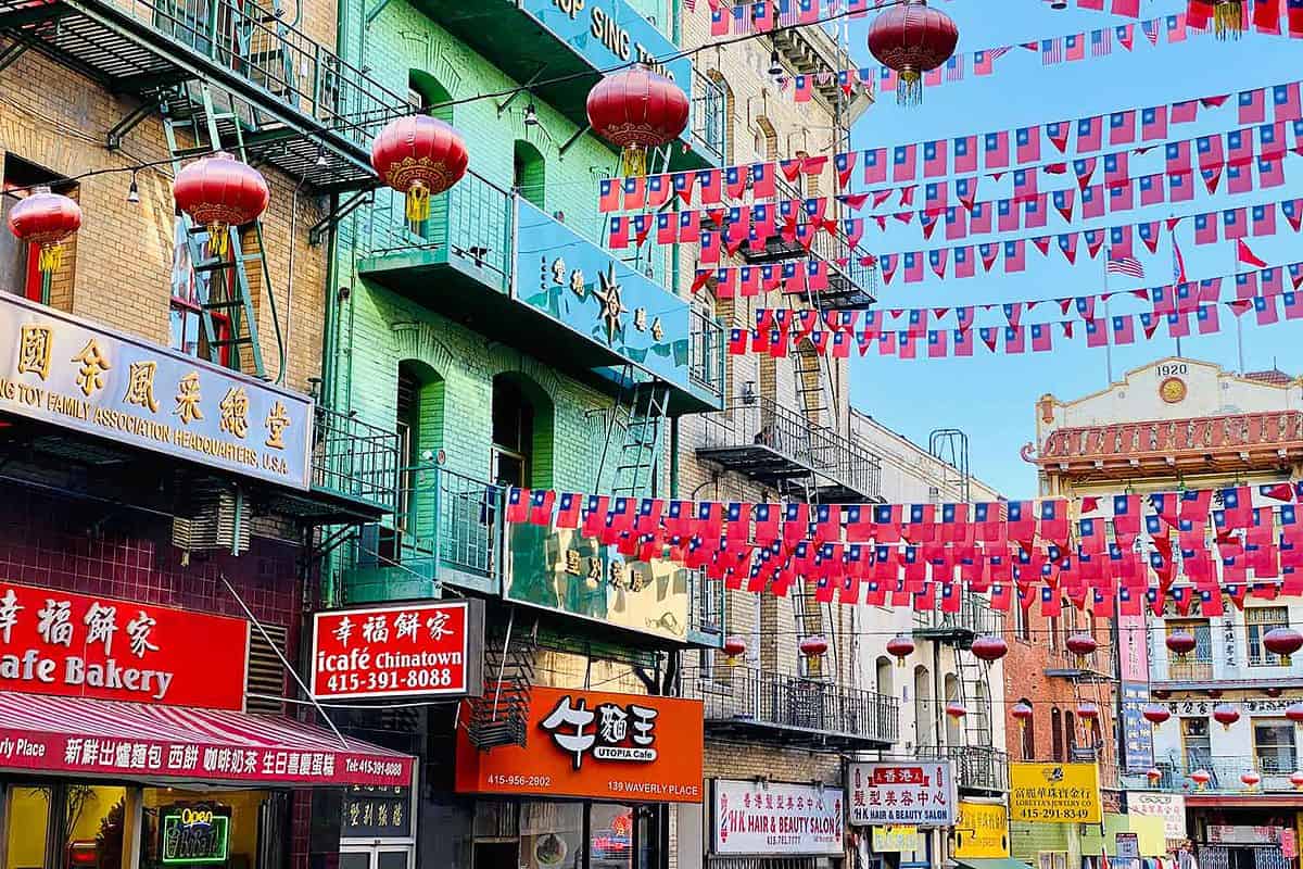 Streets decorated with Chinese flags and lanterns to celebrate new lunar year in Chinatown.