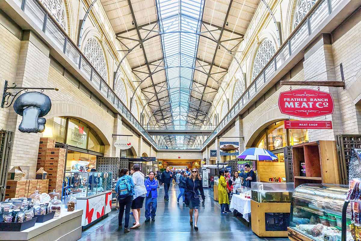Shoppers visit the marketplace at the historic Ferry Building in downtown San Francisco. Opened in 1898, the building is also a terminal for San Francisco Bay ferries.