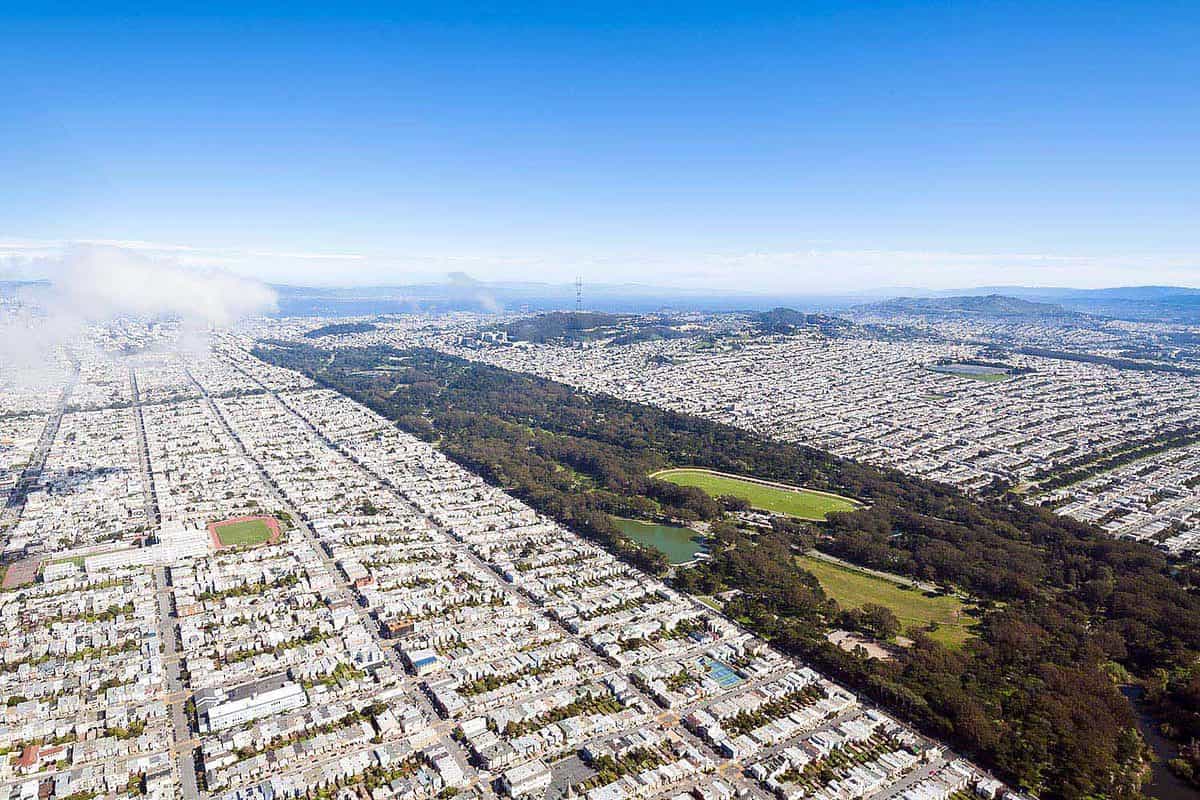 Aerial view of the city and the Golden gate park in the centre