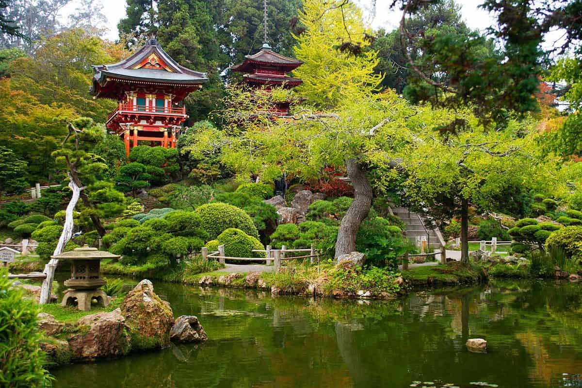 lake, trees and temples in Japanese Tea Garden