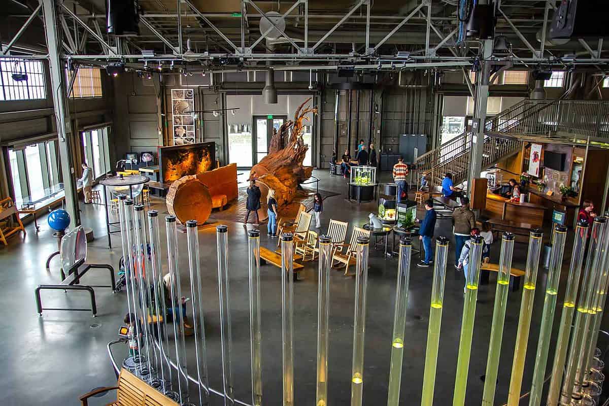 Inside the main hall of the Exploratorium - museum of science and art in San Francisco