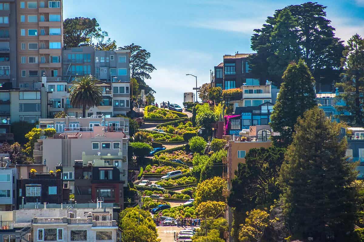 aerial view looking at Lombard Street and cars driving down it