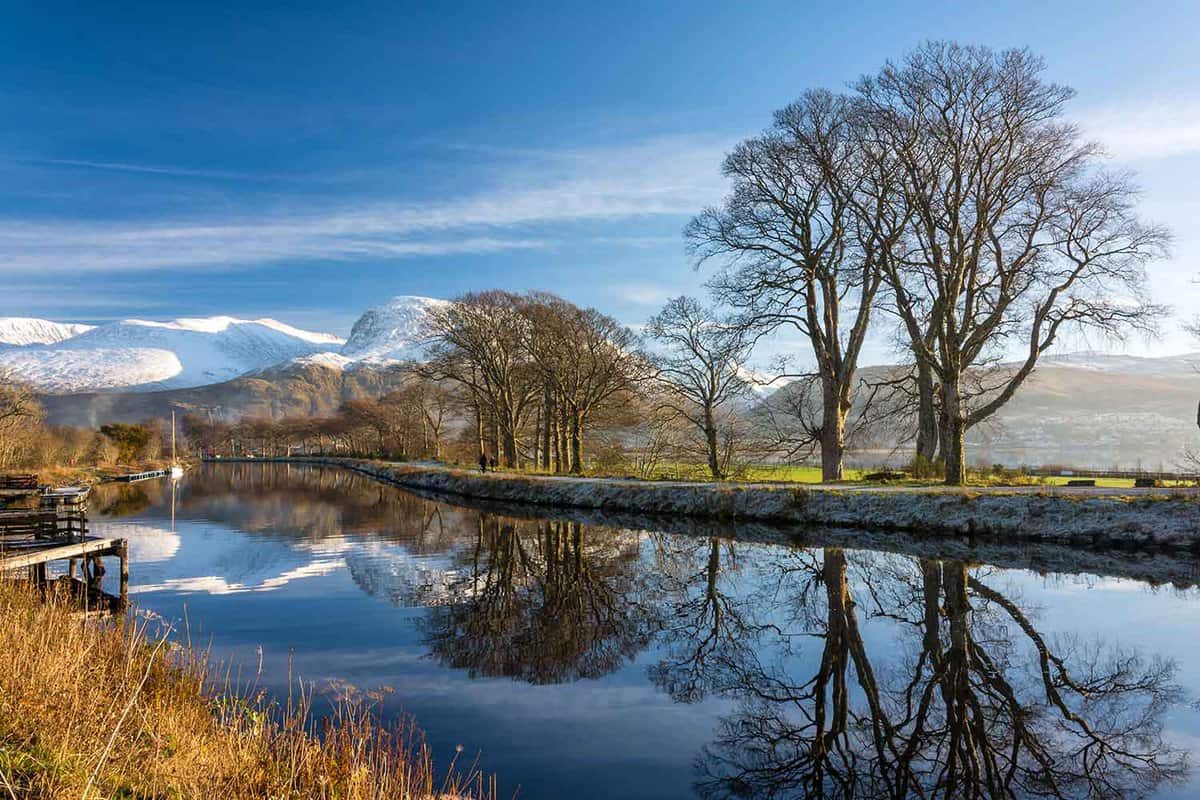 View of a canal with Ben Nevis behind in the distance