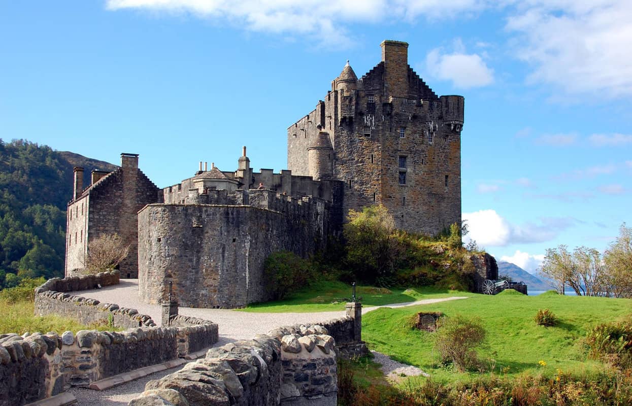 Close up on Eilean Donan Castle from the outside showing the main keep