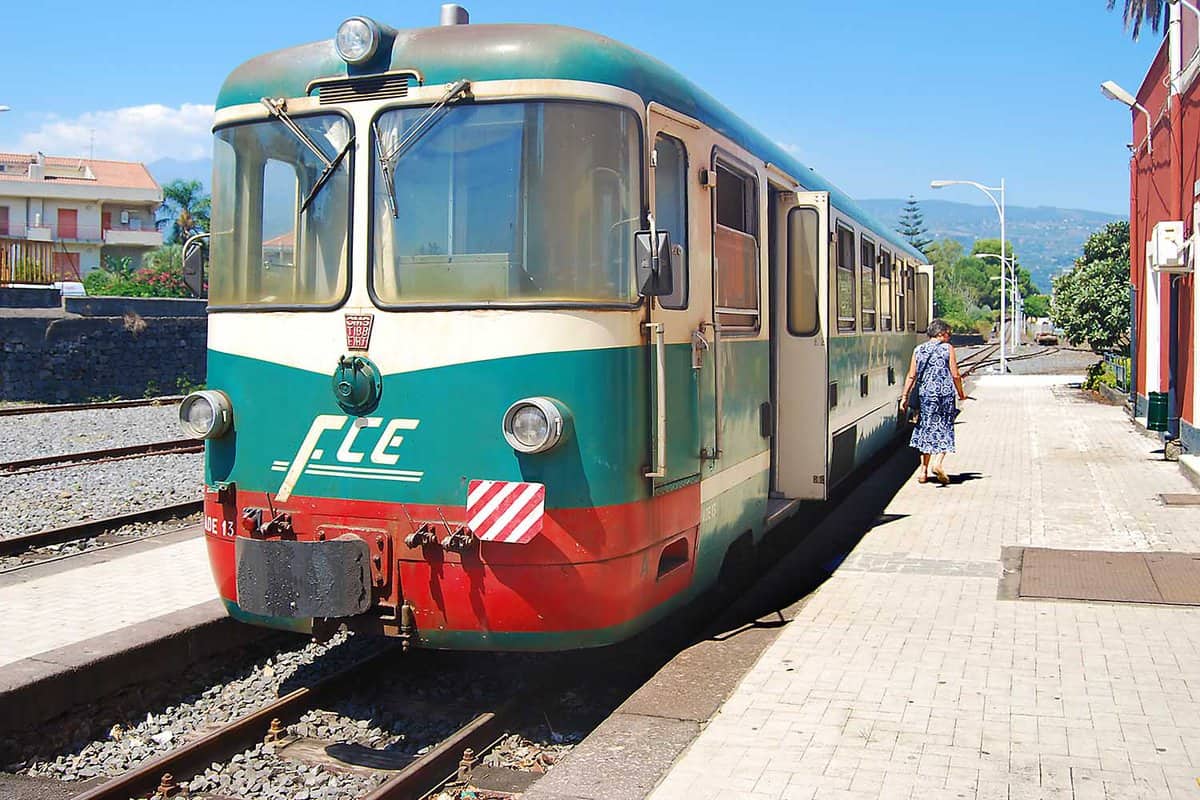 Circumetnea Railway (Etna Railway). The train leaves from Catania and arrives in Riposto and vice versa, making the entire tour of Etna, stopping in all the small vill