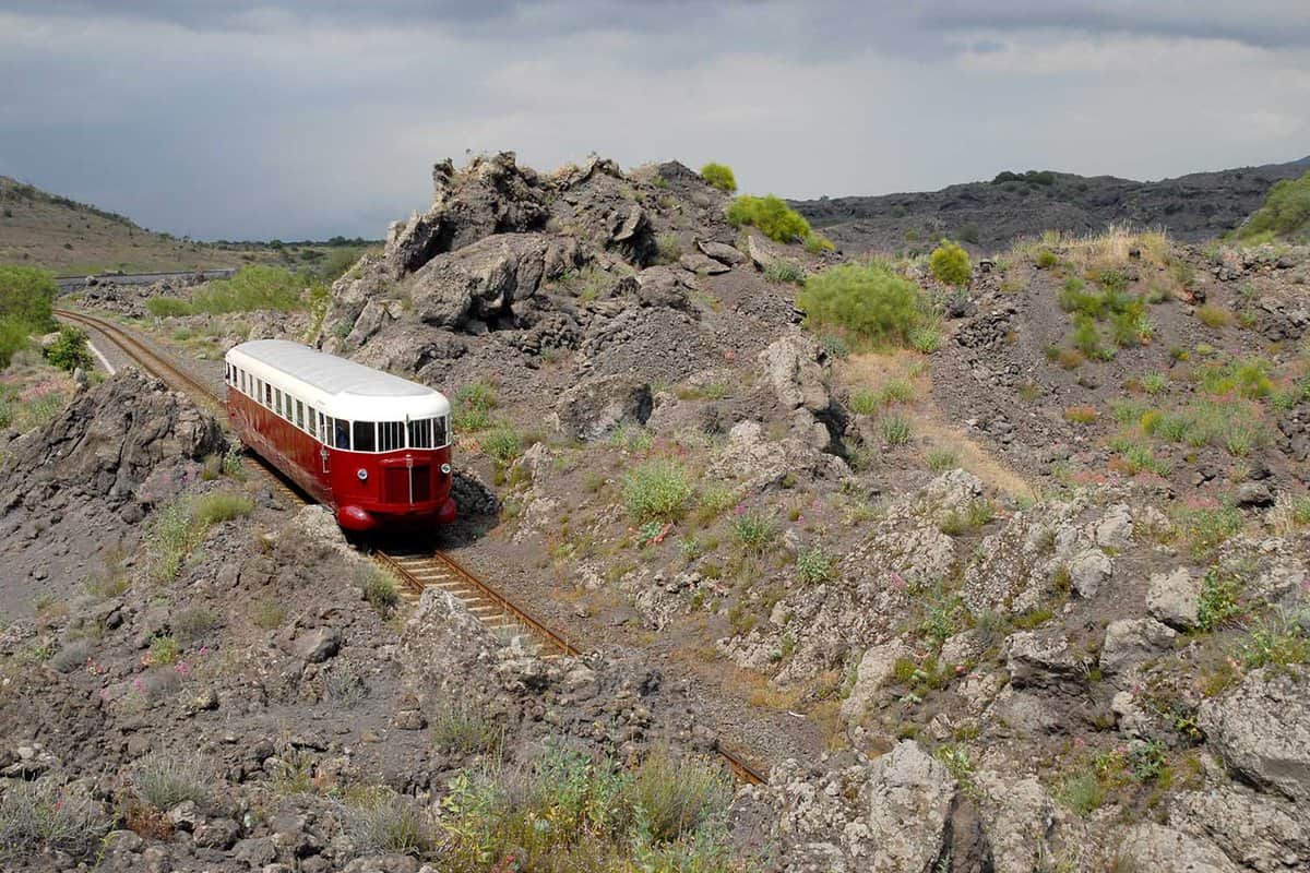 The narrow gauge railway circling on tracks around Mount Etna in Sicily