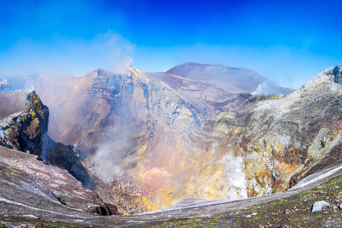 View into the crater of Mount Etna, Sicily - Tallest active volcano of Europe 3329 m in Italy.