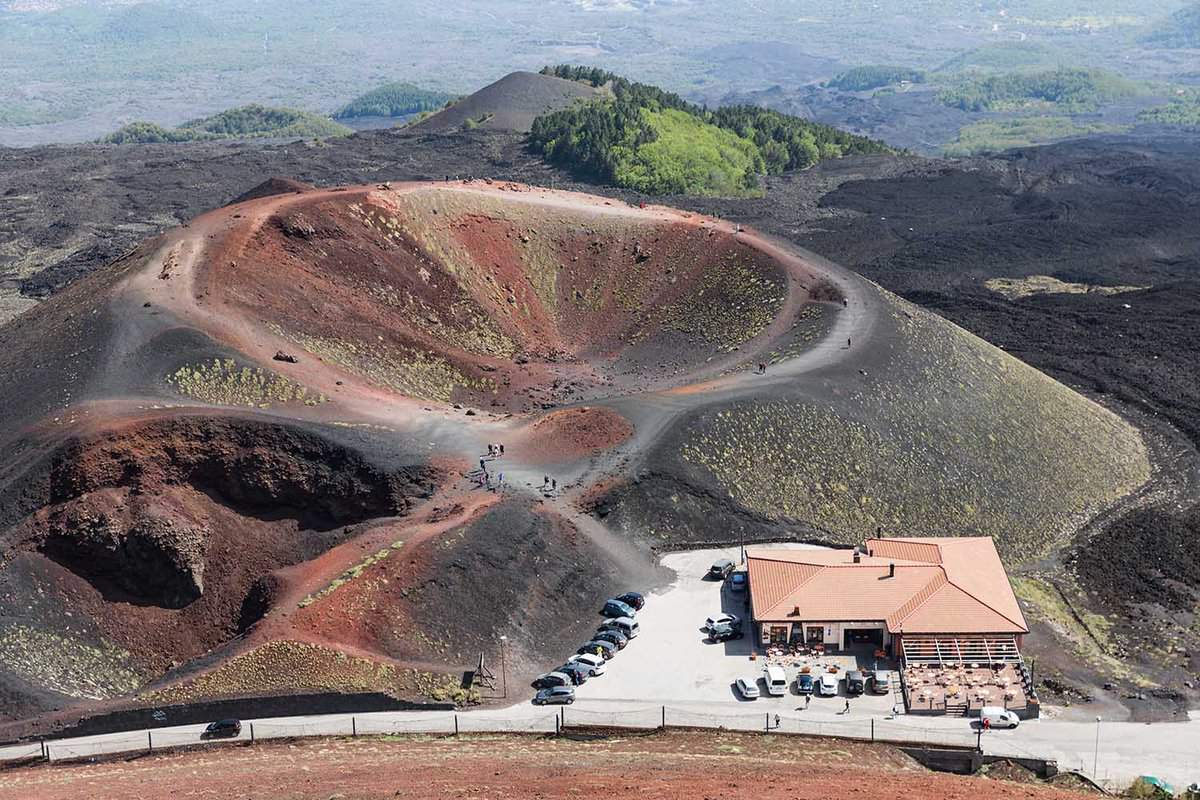 Aerial view of Silvestri crater at the slopes of Mount Etna at the island Sicily, Italy