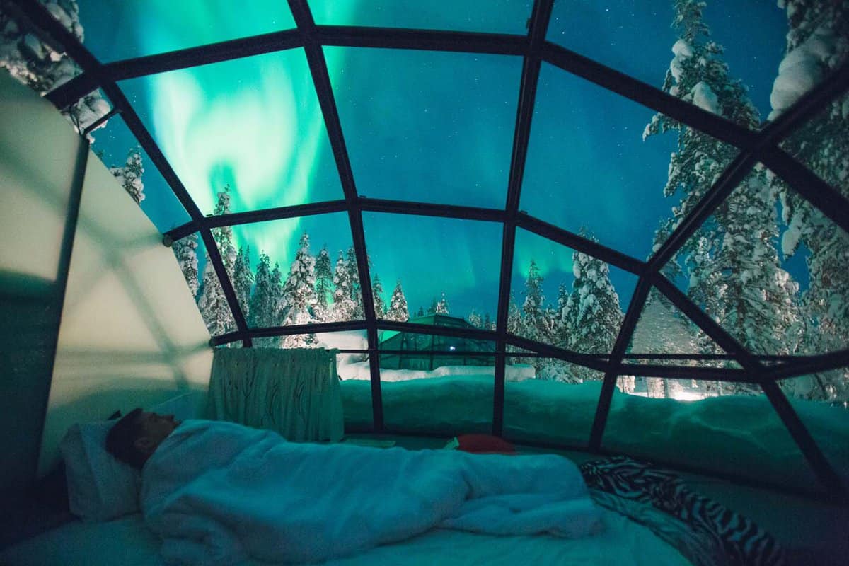 In bed in the luxury glass igloos looking out at the Northern Lights