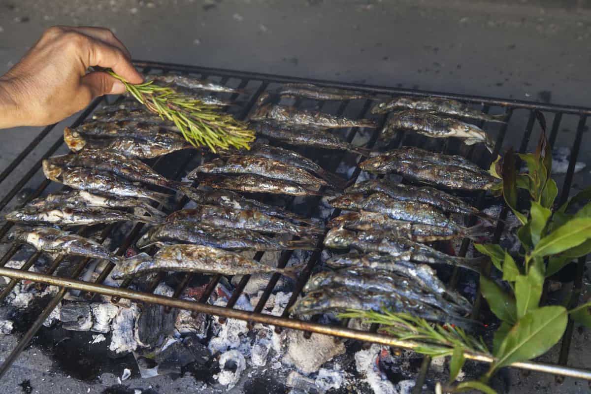 Fresh Mediterranean fishes on traditional BBQ fireplace, oiling with virgin olive oil, selective focus