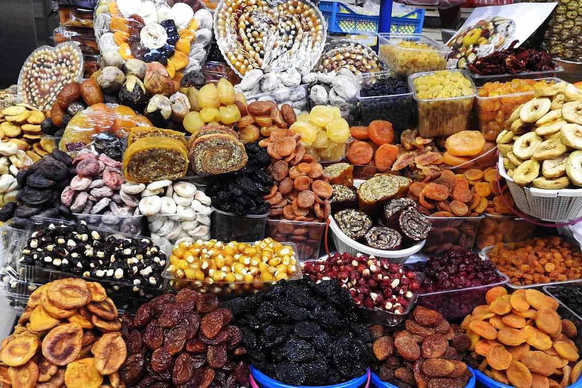 Stall with dried fruit in baskets