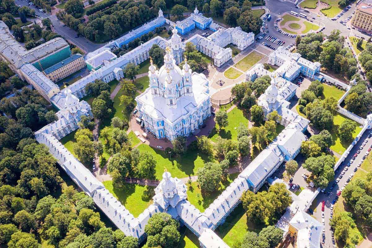 Cathedral from the air surrounded by gardens