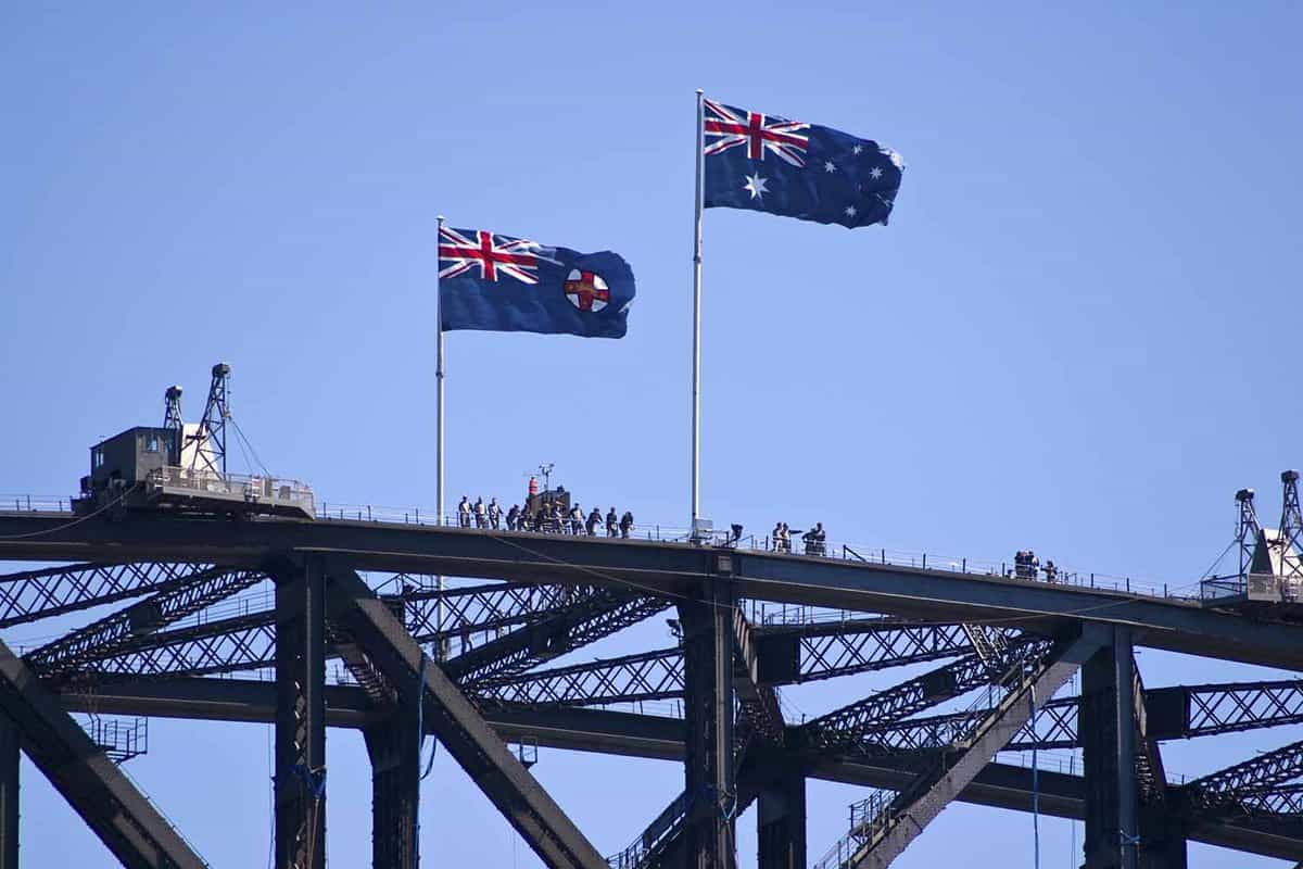 the tip of the bridge with two Australian flags on
