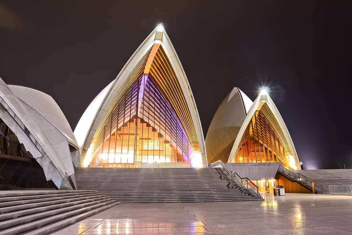 Sydney Opera House from the front at night.
