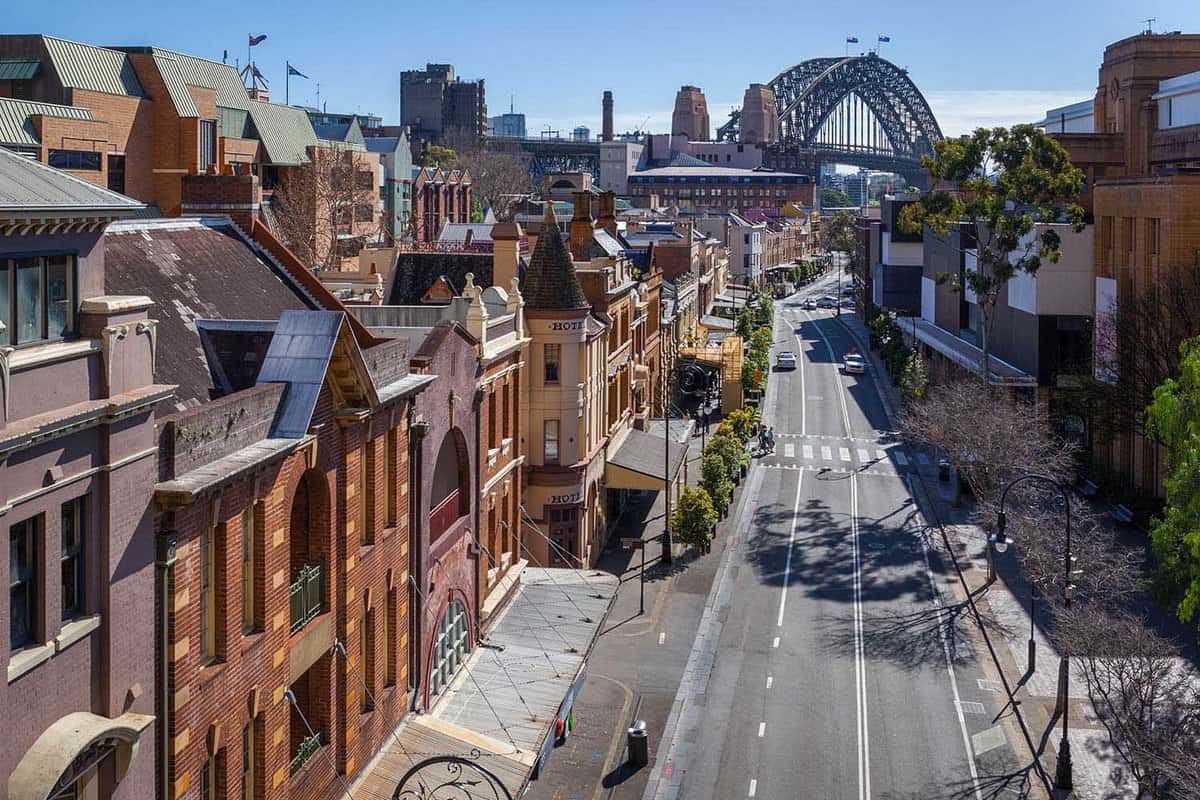 A sky view of the road leading onto the Sydney Harbour Bridge