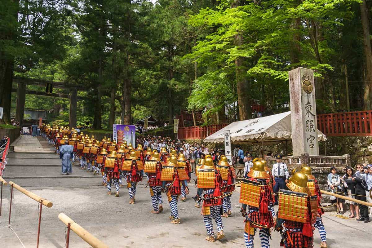 Men dressed as samurai taking part in the procession of 1000 people at the Grand Spring Festival ('Shunki Reitaisai') at Toshogu shrine in Nikko, Japan.
