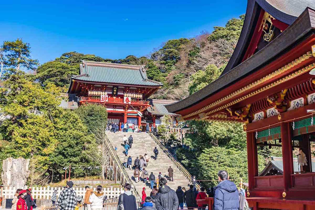 Hatsumode at Tsurugaoka Hachimangu shrine in Kamakura, Japan. Hatsumode is the first Shinto shrine or Buddhist temple visit of the Japanese New Year.