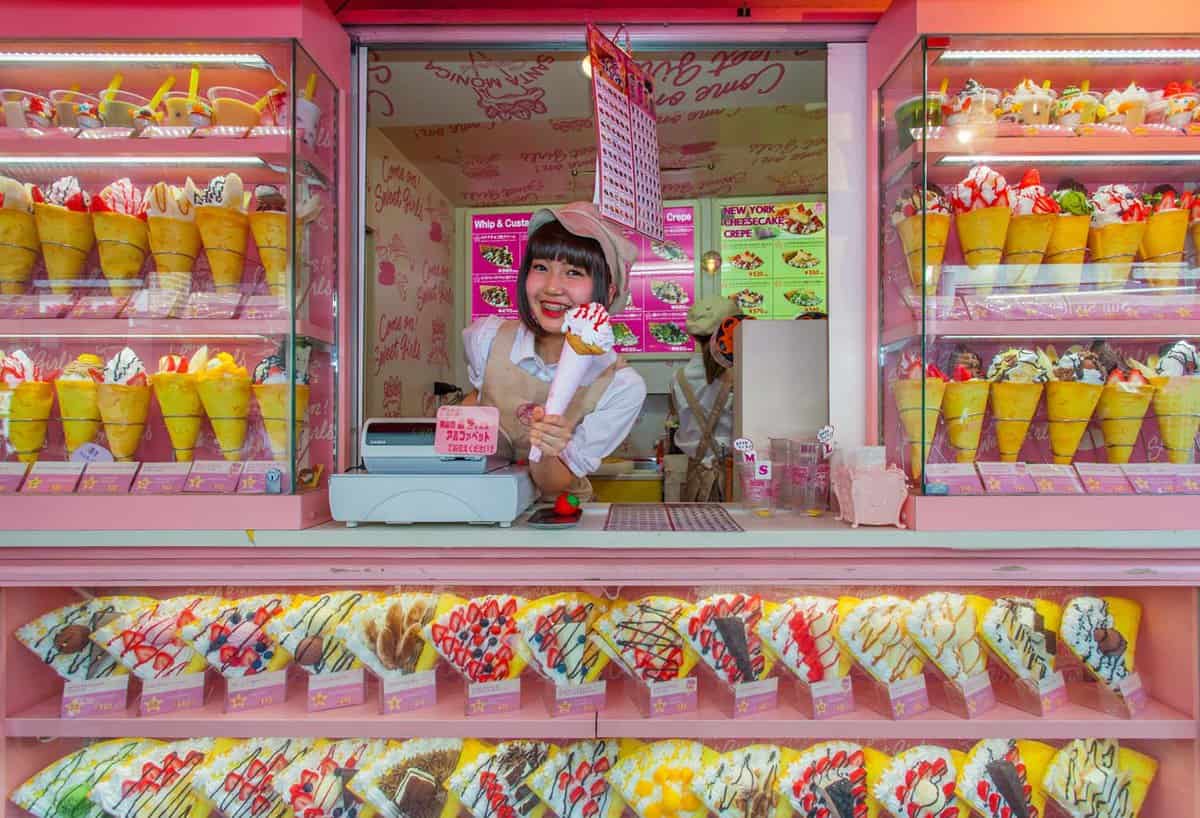 Crape and ice cream vendor at Harajuku's Takeshita street, known for it's Colorful shops and Punk Manga - Anime overall look.