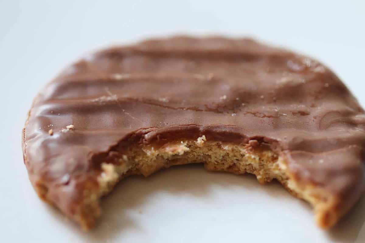 close up of a McVities Chocolate Digestive biscuit