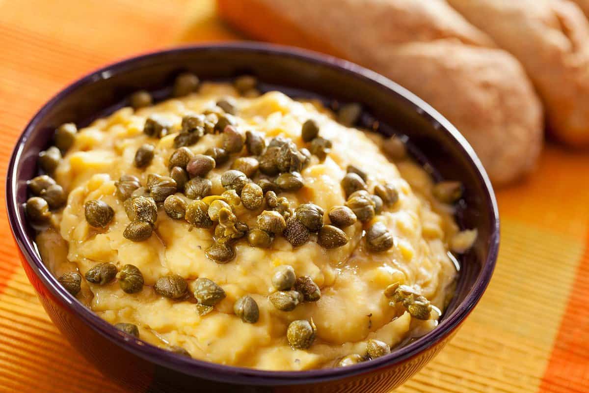 close up of Fava - a puree of yellow split peas