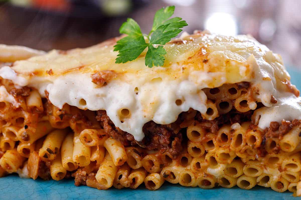 close up of Pastitsio with bucatini pasta and mince meat
