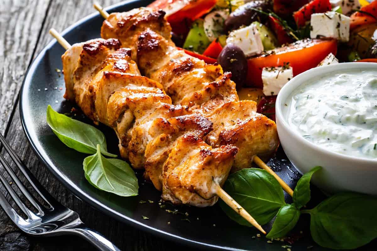 close up of skewers of chicken Souvlaki