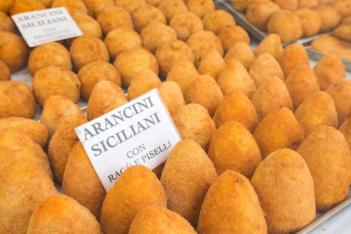 Arancini coned rice bowls on a market stall