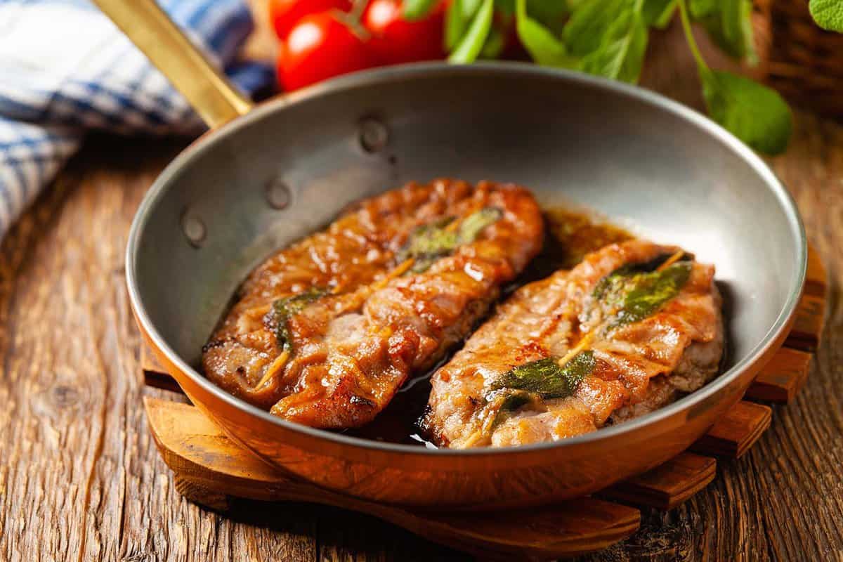 Saltimbocca veal fillets in a dish