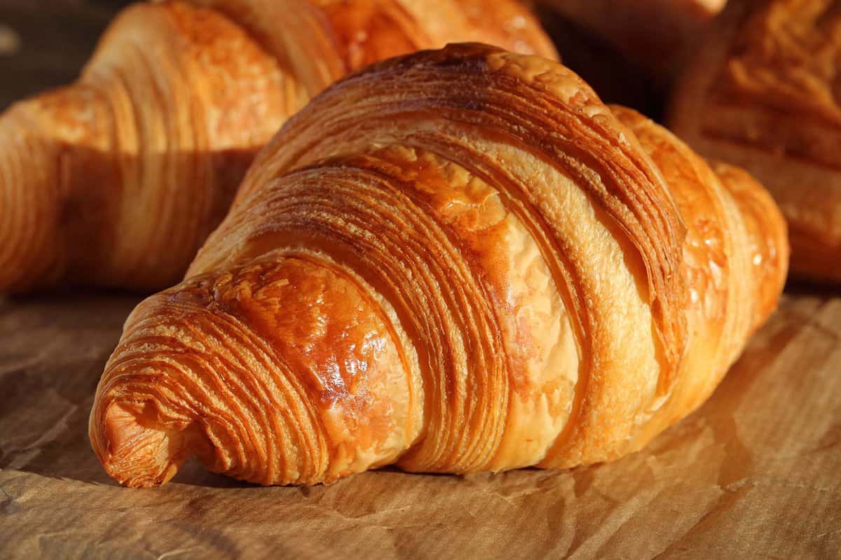 Freshly backed french croissant shiny in the rays of the morning sun.