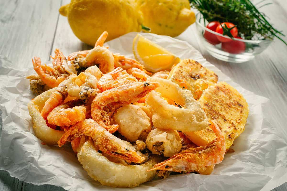 pieces of fish and seafood in fried batter