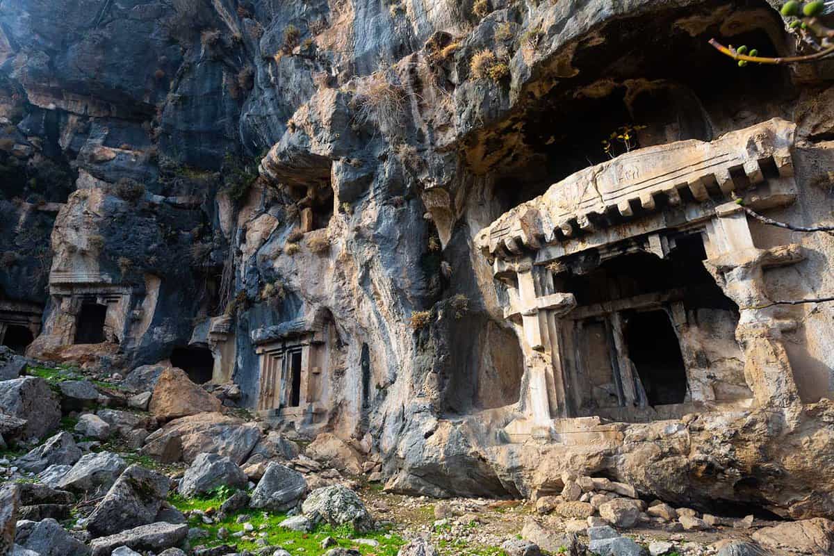 Impressive view of tombs carved in crag in ancient Lycian city of Pinara