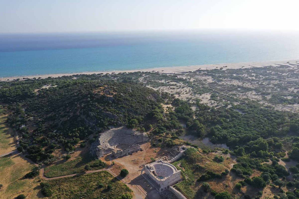 View of ancient Lycian theatres a short distance away from the beach and sea