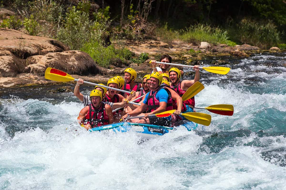 Close up of inflatable raft with 12 tourists rafting on the Manavgat River