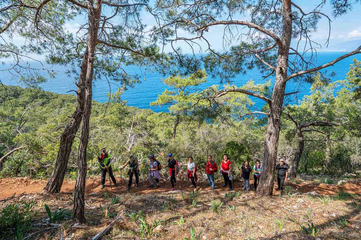 Hikers are walking to Gelidonya Lighthouse, located on the historical Lycian Way near Kumluca, Antalya, is one of the highest lighthouses in Turkey’s coast.