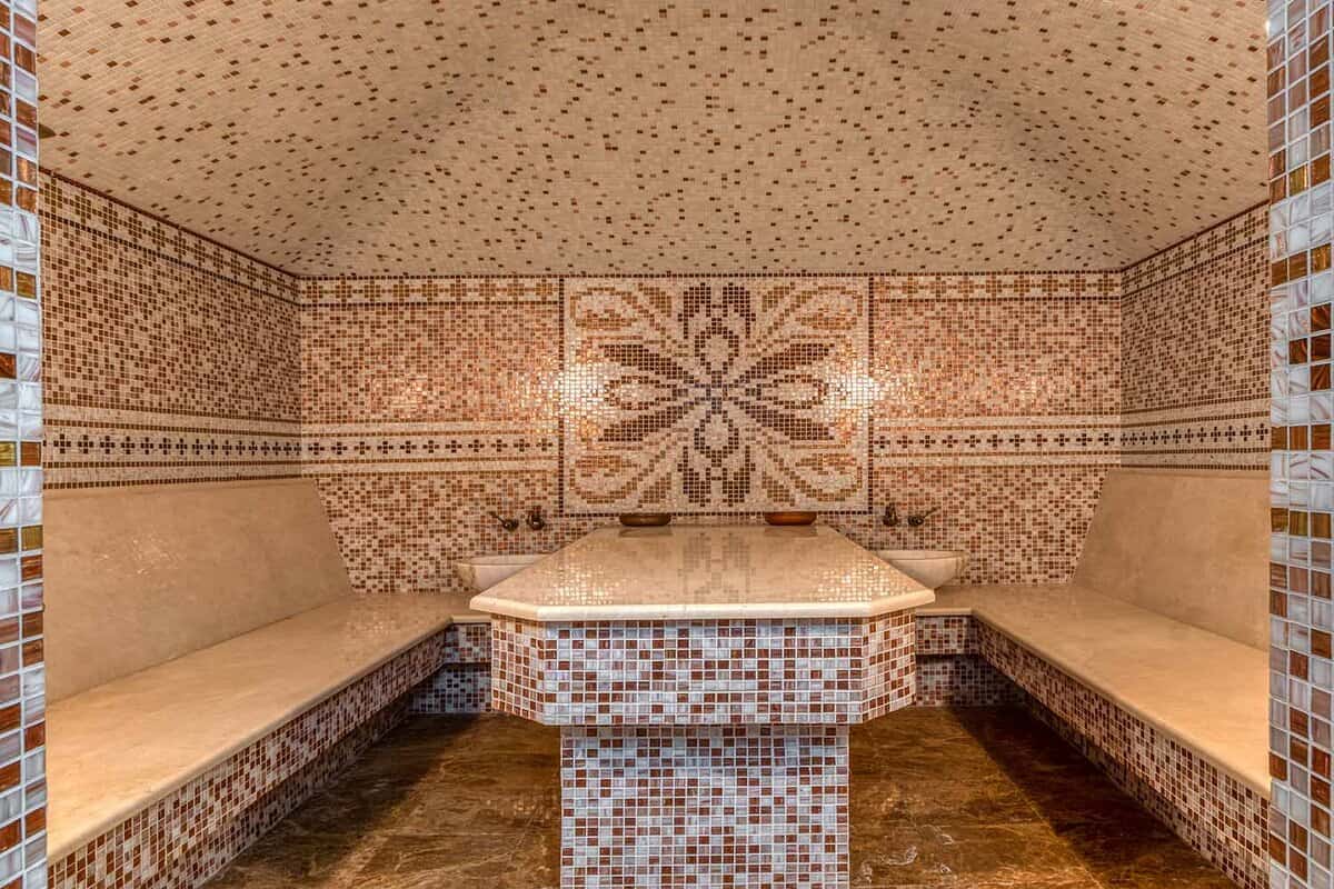 Colourful Turkish bath interior, with a luxurious steam bath