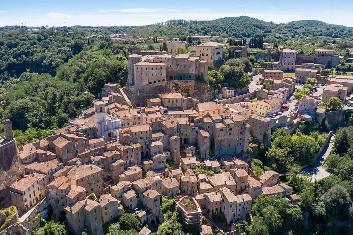 Aerial view of the medieval town of Sorano in the province of Grosseto on the hills of the tuscan maremma