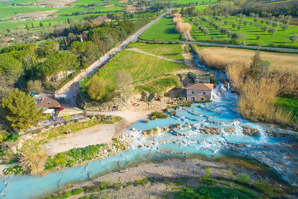 aerial view to hot spring and old mill in Tuscany in Italy