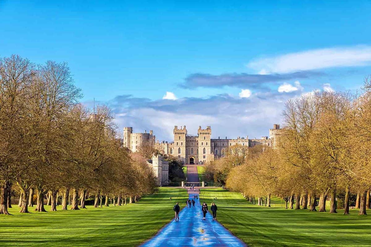 Outside landscape of Medieval Windsor Castle, showing the long pathway to the entrance of the castle. Windsor Castle is a royal residence at Windsor in the English county of Berkshire.