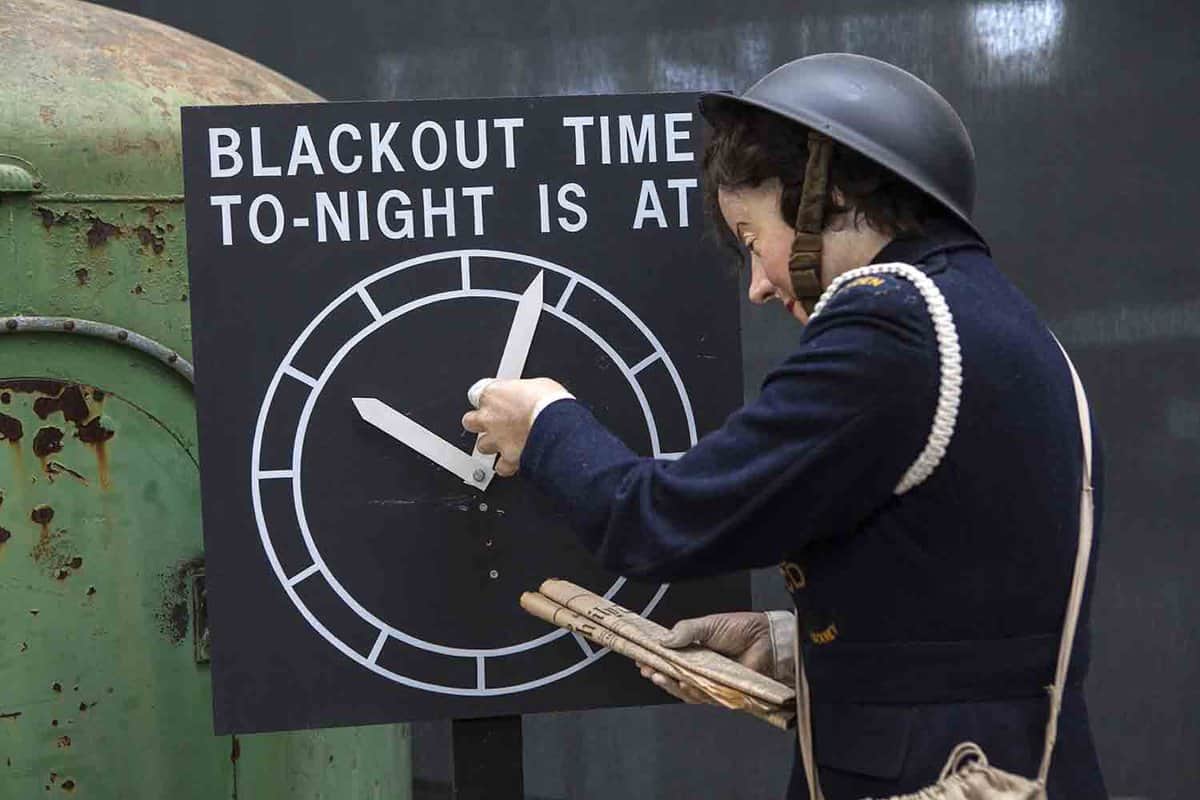 Air-raid Warden mannequin adjusting the blackout time at the Imperial War Museum Duxford