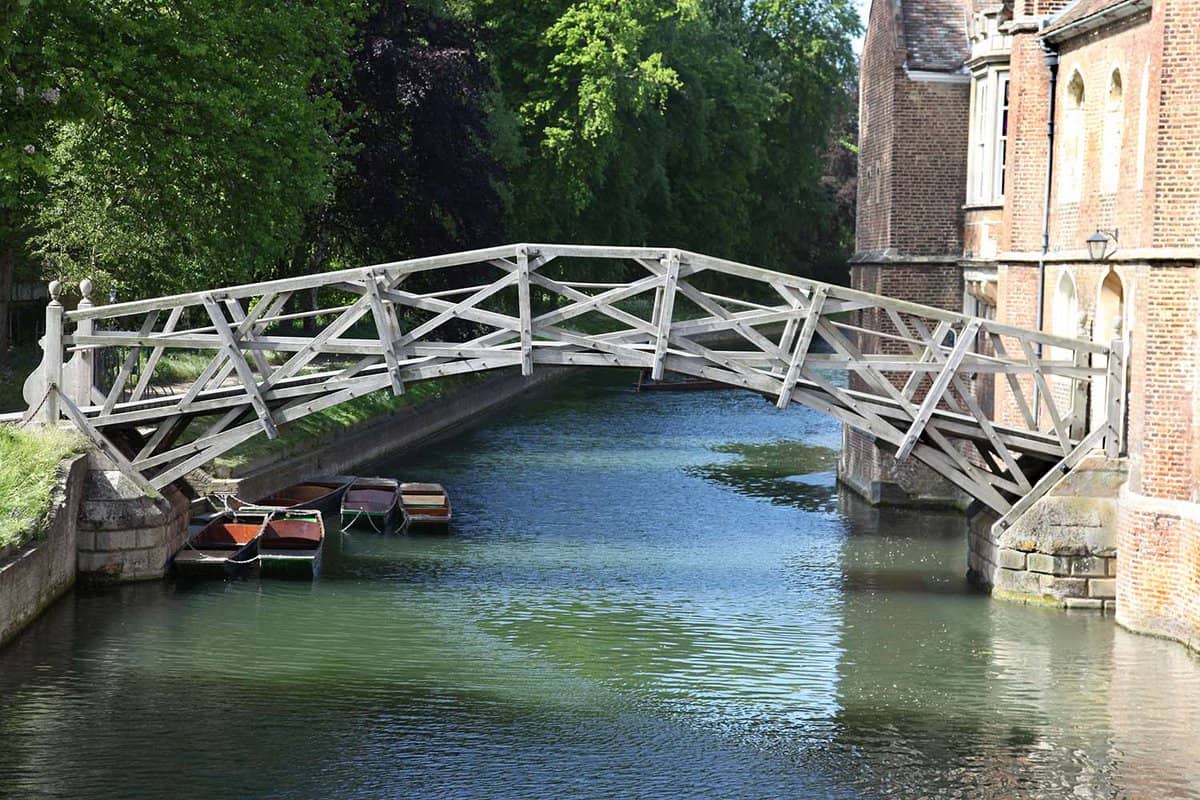 View along the River Cam showing a wooden pedestrian bridge crossing from a college