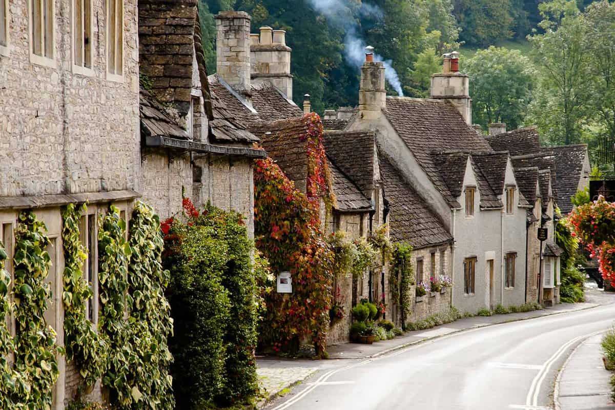 Looking down a street on a hill, with a row of old-fashioned houses covered in shrubbery.
