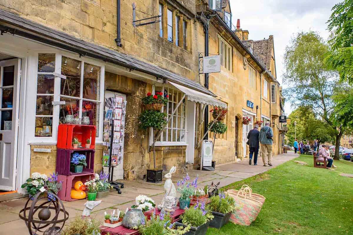 Street view of Broadway's high street with quaint shops