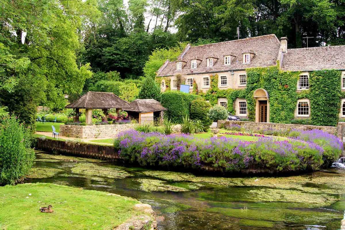 A large house with a beautiful garden, with a weed-filled flowing river in front