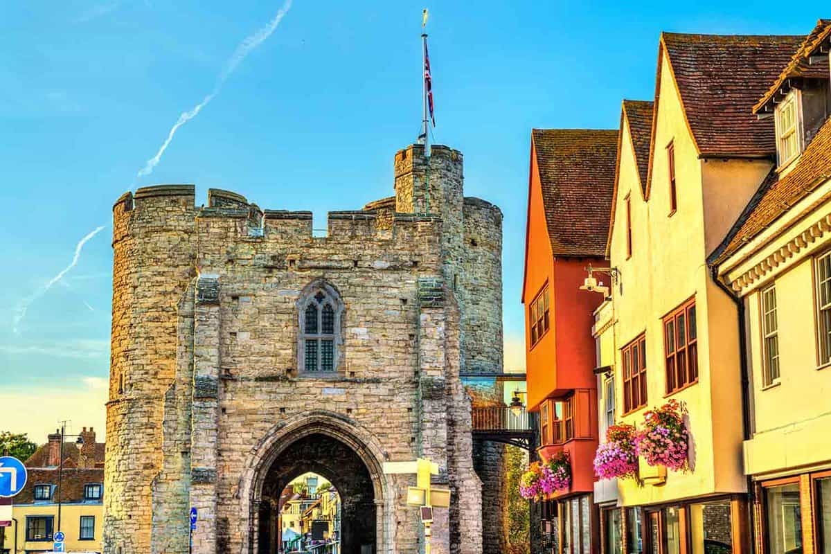 Medieval gate and shops in English city