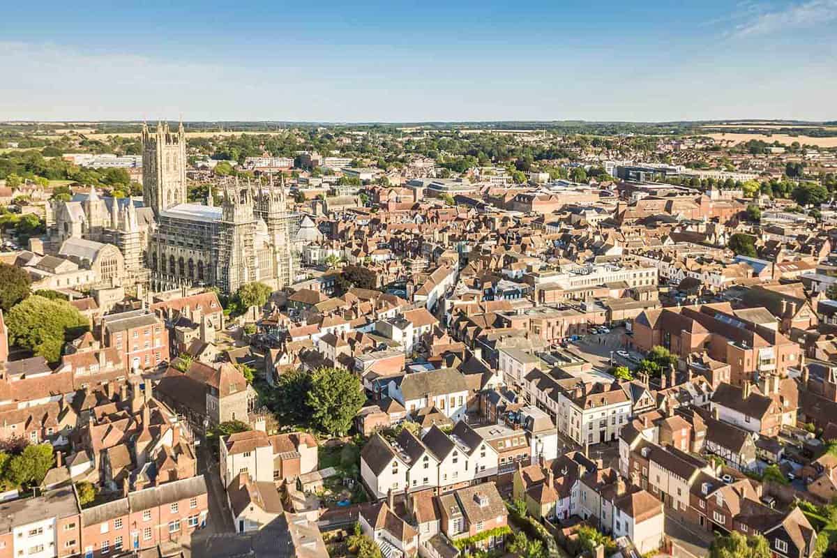 Aerial view of English cathedral town
