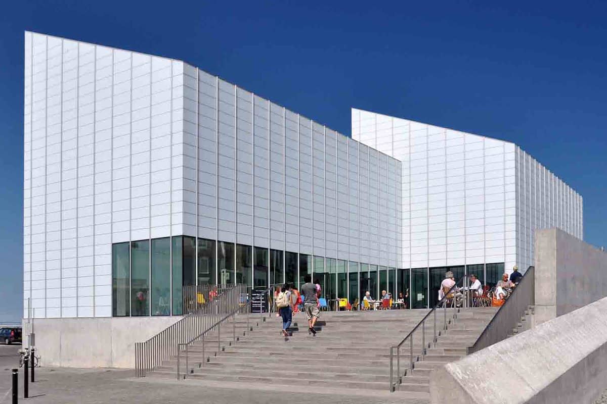 A landscape of Turner Contemporary art gallery on May 13, 2011. The gallery commemorates the association with the famous painter J M W Tuner. The distinct structure of gallery is eye catching with its' slanted roof and white grid design covering the entire building.
