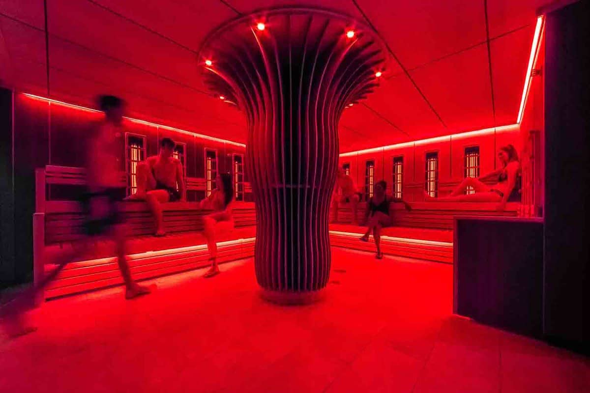 Steam room with red lighting