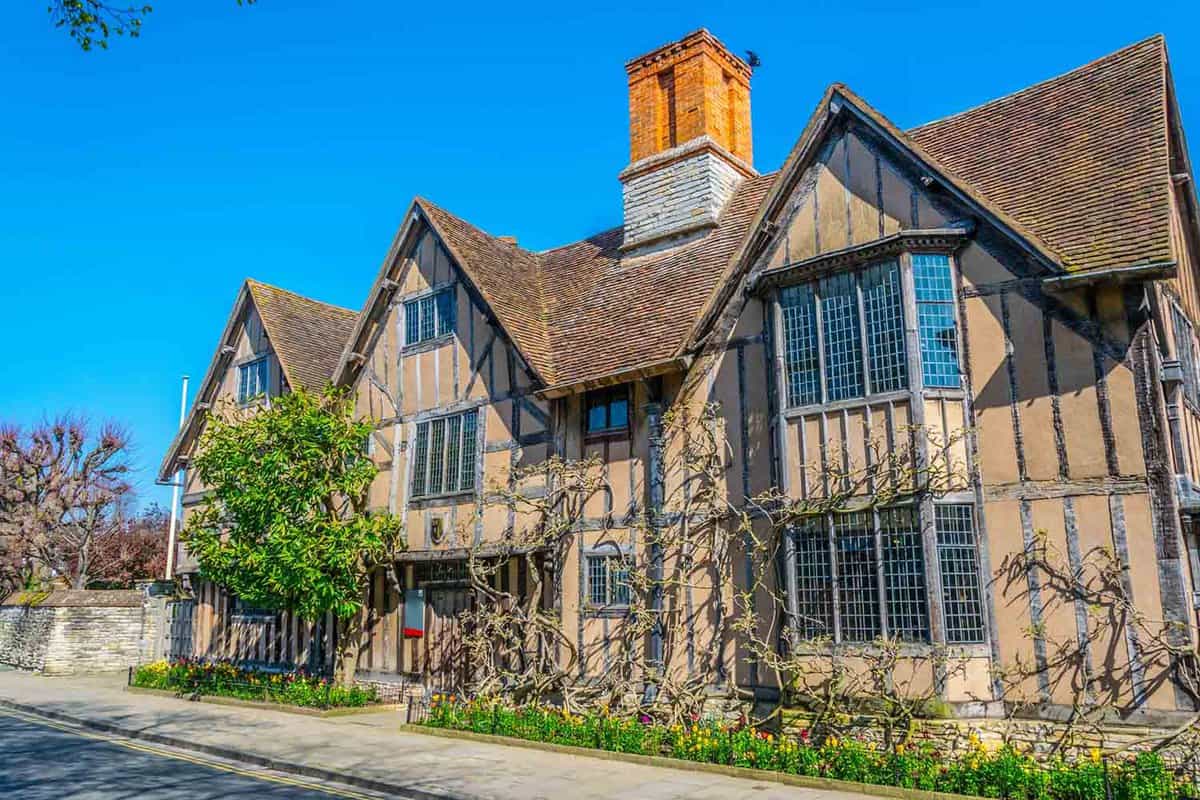 View showing the outside of Hall's Croft in Stratford upon Avon where daughter of William Shakespeare lived. Where plants are seen stemmed and structured on the outside of the house