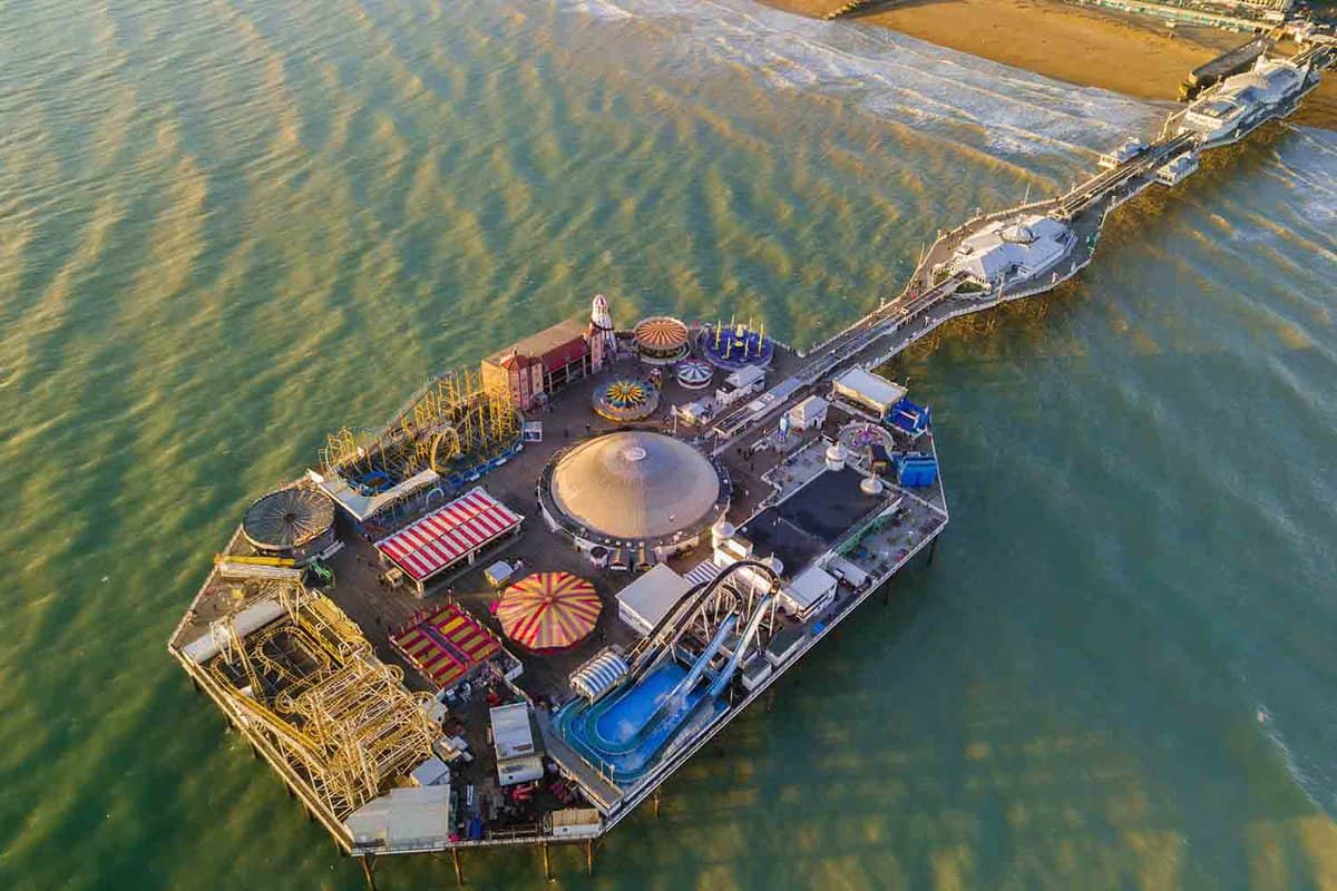Aerial view of Brighton Pier at sunset